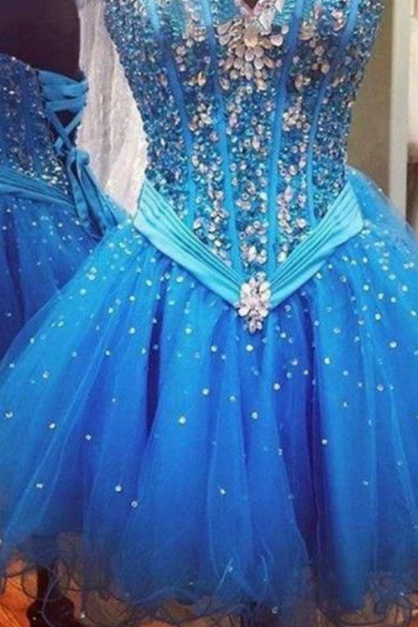 Rhinestone Organza Blue Sweetheart Homecoming Dresses