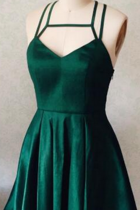 Emerald Green Satin V Neckline A Line Homecoming Dress With Condole Belt Straps