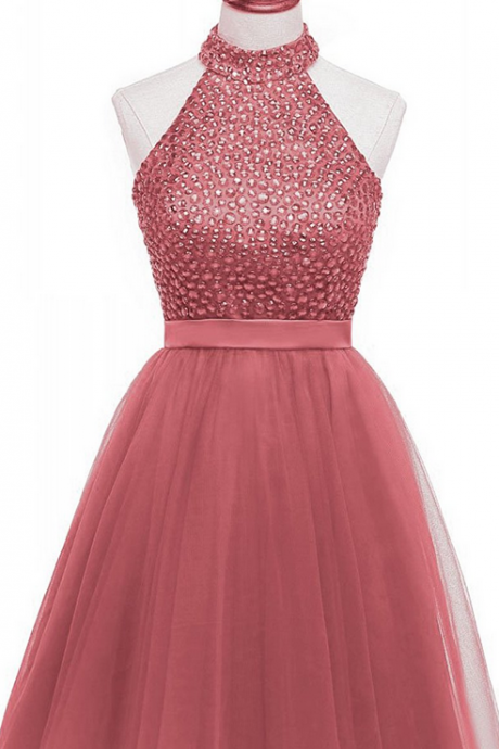 Blush Pink High Neck Beaded Tulle Short Homecoming Dress, Bridesmaid Dress With Keyhole Back