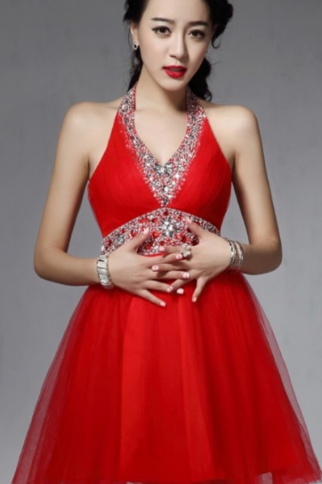 Red Tulle Homecoming Dresses, Halter Homecoming Dresses, Rhinestone Homecoming Dresses, Stunning Homecoming Dresses, Dresses For Prom,short Prom