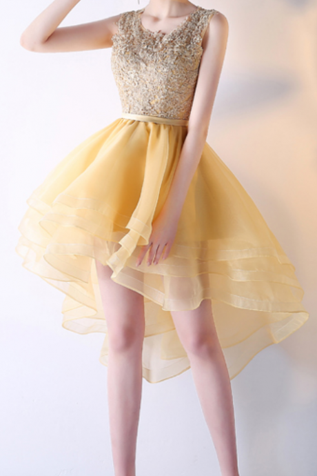 High-low Homecoming Dresses, Yellow Homecoming Dresses, O-neck Homecoming Dresses, Open Back Homecoming Dresses