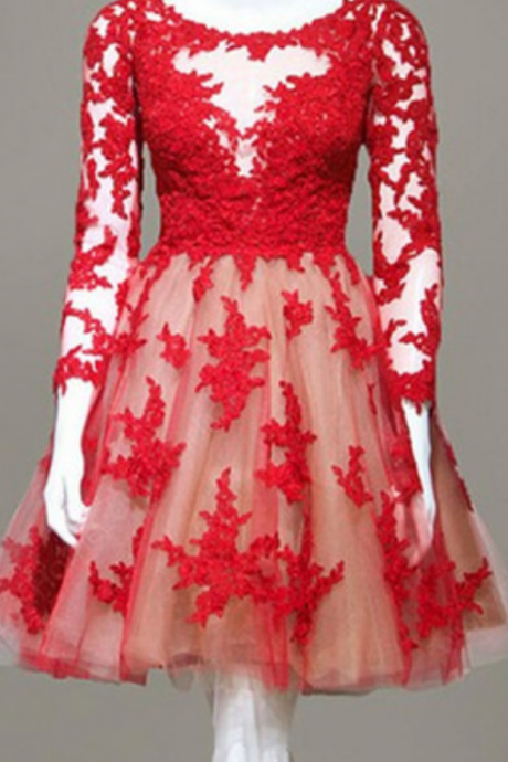 Red Lace O-neck Homecoming Dresses ,long Sleeve Homecoming Dress,prom Dress