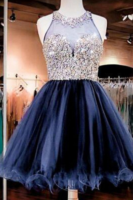 Gorgeous Navy Blue Rhinestone Beaded Organza Homecoming Dresses