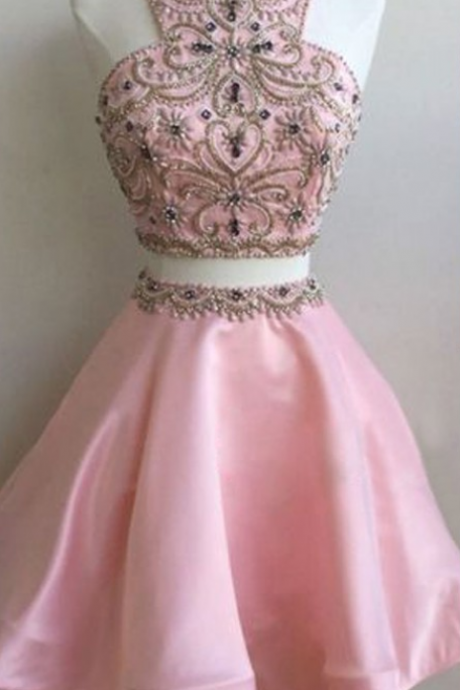 Two Pieces Homecoming Dresses,pink Homecoming Dresses,beaded Homecoming Dresses,a-line Homecoming Dresses,short Prom Dresses,party Dresses