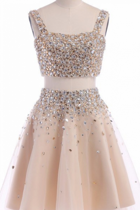 Fashion Two Piece A-line Square Neck Backless Short Homecoming Dress With Beading