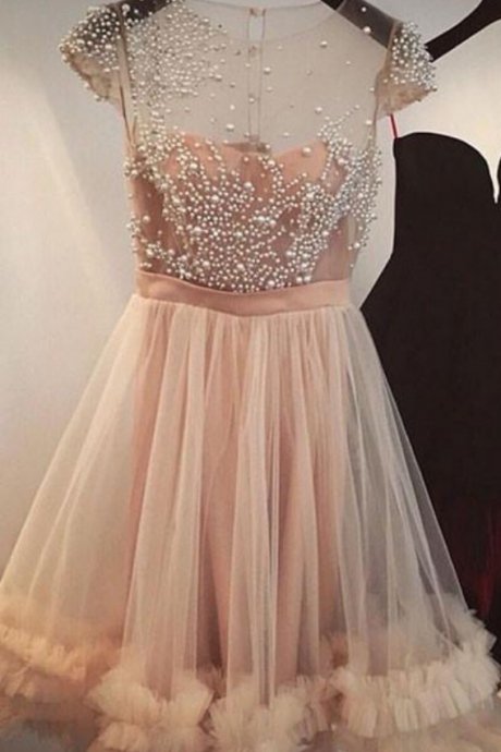 Halter Fashion A-line Jewel Cap Sleeves Tulle Short Homecoming Dress With Beading