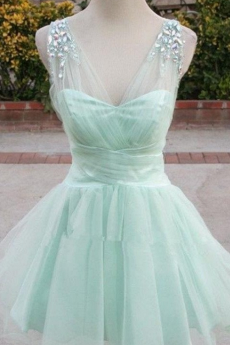 Girly Mint Short Cute Elegant V-neck Homecoming Dresses Bridesmaid Dresses