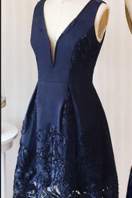 A-line Homecoming Dresses,navy Blue Homecoming Dresses,applique Homecoming Dresses,deep V-neck Homecoming Dresses,short Prom Dresses,party