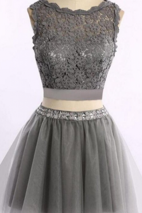 Beautiful Two Pieces Lace Silver Grey Classy Homecoming Dresses