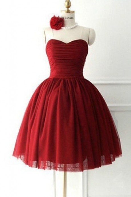 Burgundy Ruched Sweetheart Short Tulle Homecoming Dress Featuring Lace-up And Bow Accent Back