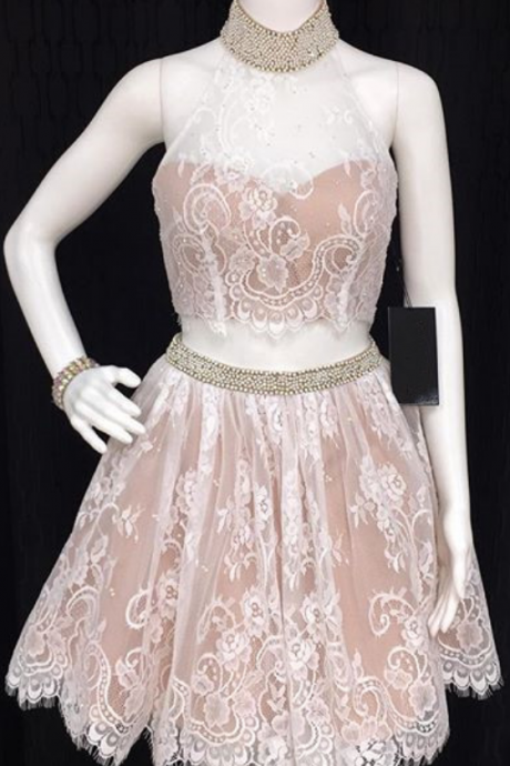 Homecoming Dresses,white Lace Two Piece Homecoming Dresses With Beaded Neckline Dresses
