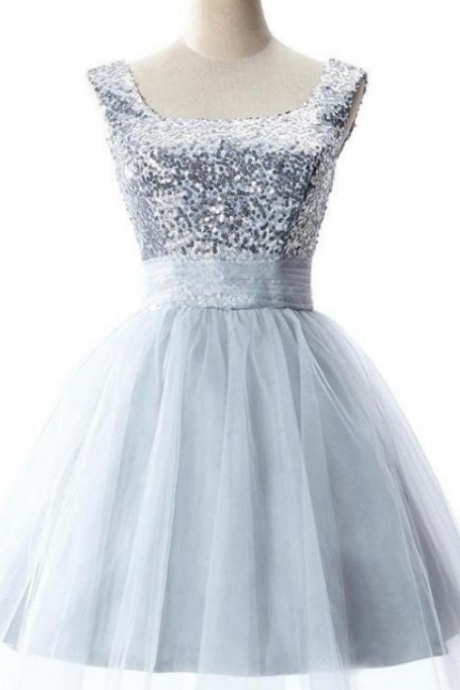 Cute Short Girly Silver Homecoming Dresses With Straps