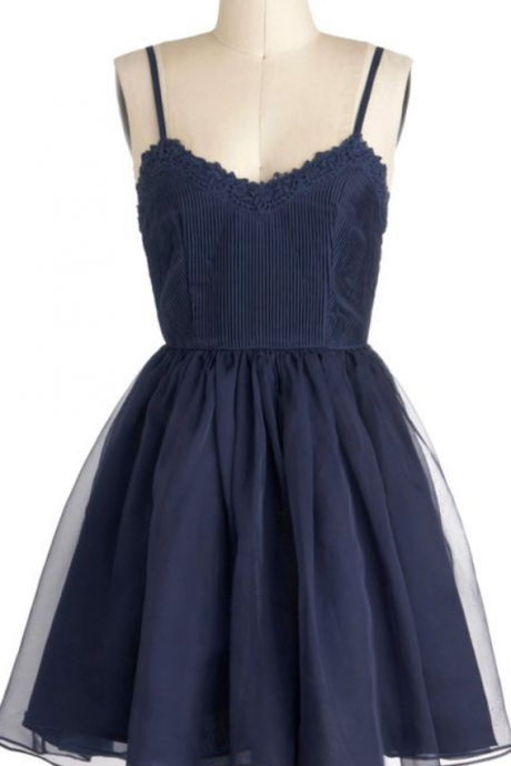 Navy Blue Lace Appliqués Spaghetti Strap Plunge V Short Tulle A-line Dress
