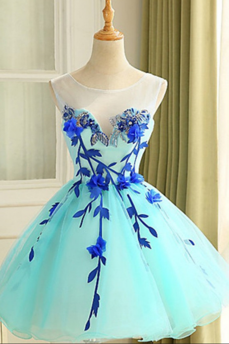 Mint Homecoming Dresses,ball Gown Sleeveless Homecoming Gowns,scoop Short Zipper-up Organza Homecoming Dress With Appliques Beading
