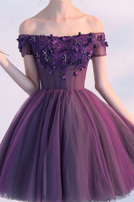 Cute A Line Dark Purple Homecoming Dresses,off-shoulder Short Prom Dress,sexy Appliqued Homecoming Dress,short Prom Gown With Beads,homecoming