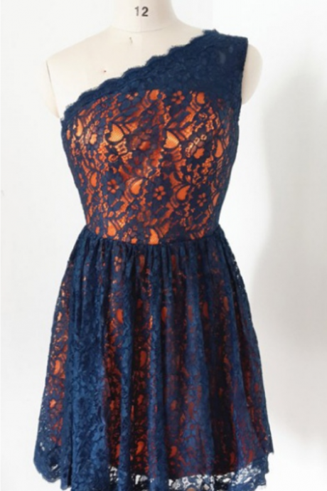 Short Lace Homecoming Dress , Sleeveless One-shoulder Short/mini Lace Zipper Dresses