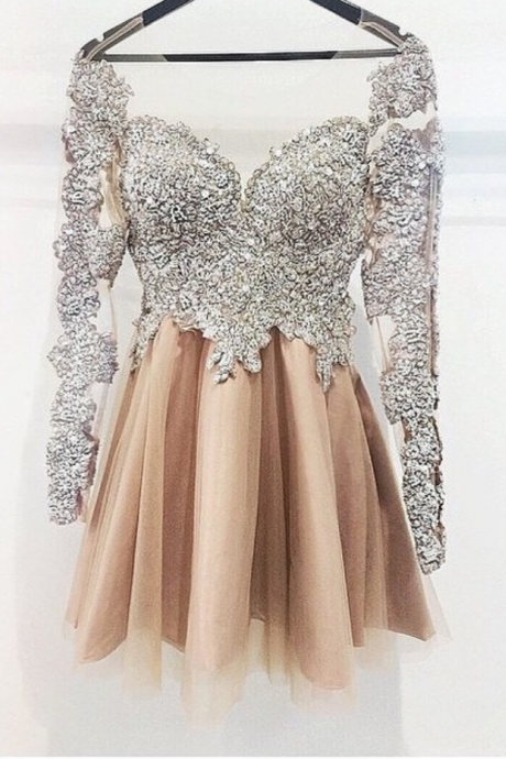 Long Sleeves Silver Champagne Cute Homecoming Dress,vintage Short Prom Dress Homecoming Dresses,short Party Prom Gowns For Teens Junior Girls