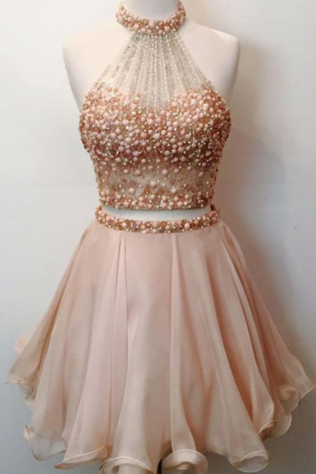Two Pieces Homecoming Dresses Pearl Pink Rhinestones Chiffon Graduation Dress