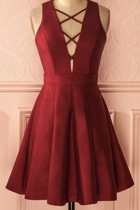 Red Simple Homecoming Dress, Deep V Neck Sexy Homecoming Dress