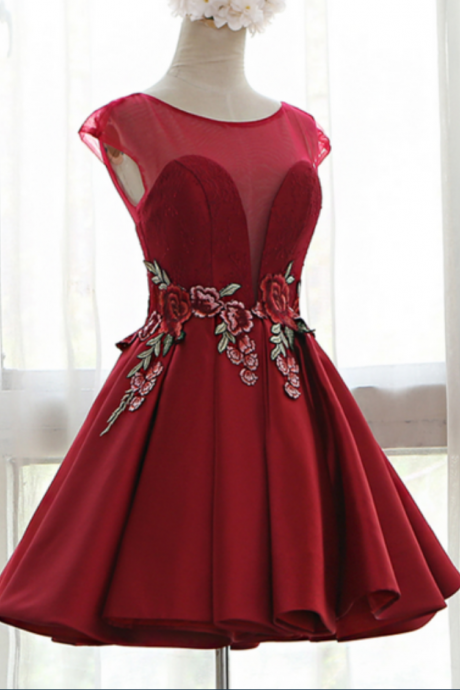 Red Sweetheart Illusion Cap Sleeves Floral Embroidery A-line Pleated Dress With Open Back And Lace-up Detailing