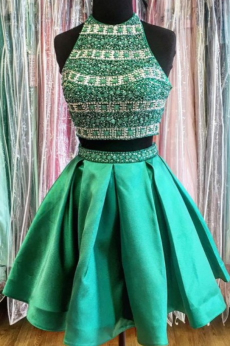 Chic Halter Sleeveless Backless Short Turquoise Homecoming Dress With Beading Pleats, Homecoming Dresses