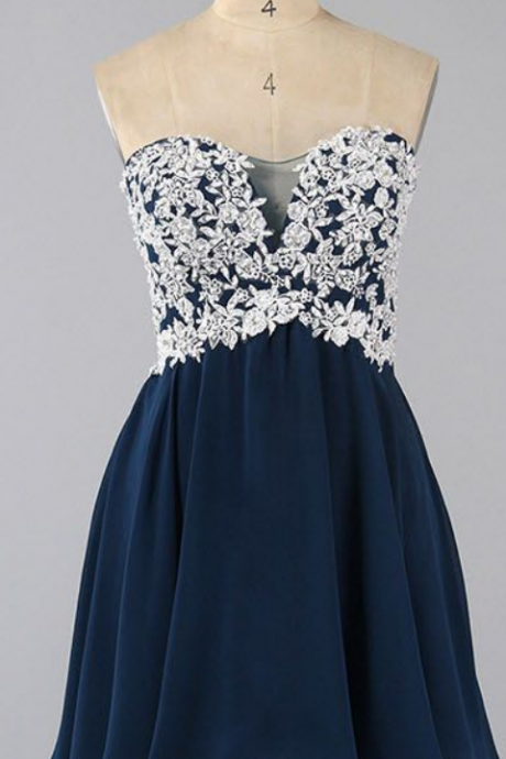Floral Lace Appliques Navy Blue Chiffon Sweetheart Short A-line Homecoming Dress, Graduation Dress