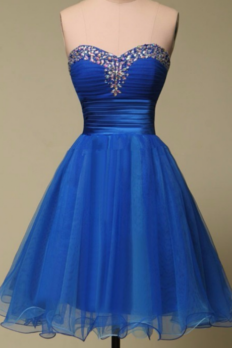 A Line Sweetheart Sleeveless Beaded Crystal Royal Blue Evening Party Short Homecoming Dresses