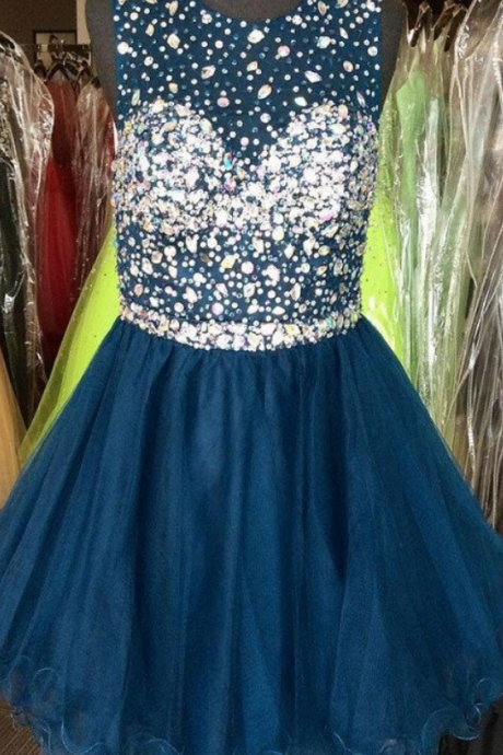 Shining Illusion Neck Beaded Open Back Navy Tulle Homecoming Dresses