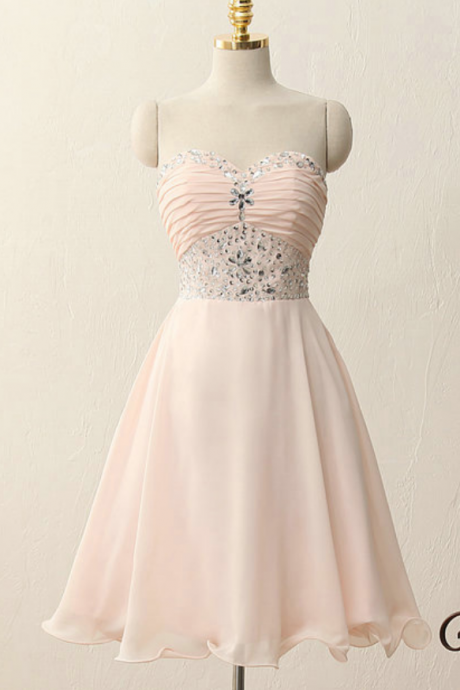 Short Pink Homecoming Dress With Ruched Sweetheart Beaded Embellished Bodice