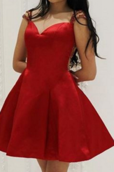 A-line Stain Beading Prom Dress Homecoming Dress,red Mini Prom Dress Homecoming Gown,beads Short Party Dress