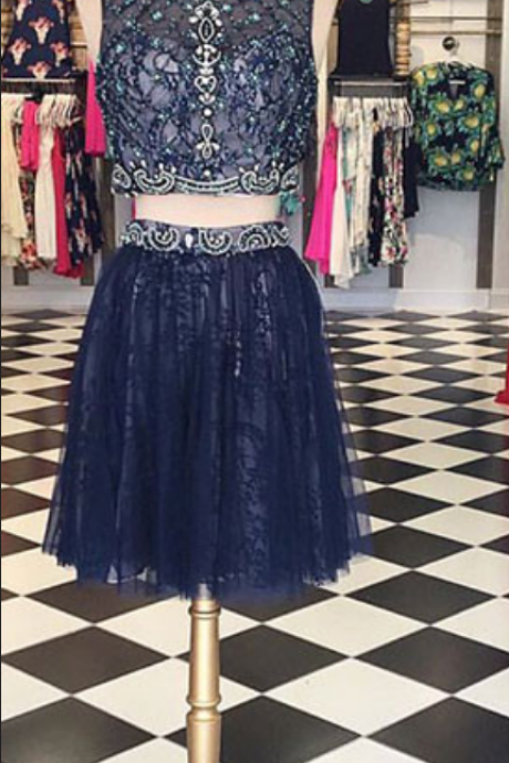 Luxurious Two-piece High Neck Dark Blue Short Homecoming Dress