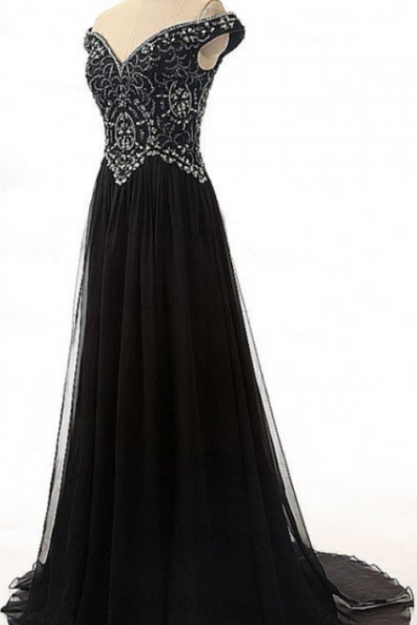 V-neck Black Chiffon Prom Dresses Crystals Women Party Dresses
