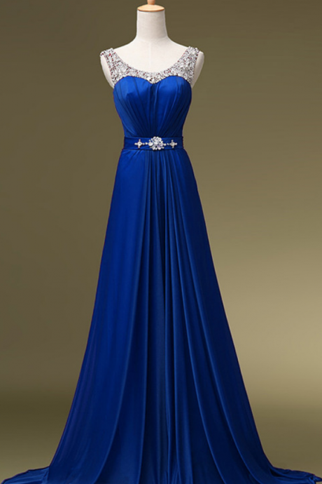 Royal Blue Chiffon Prom Dresses Crystals Women Party Dresses