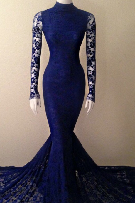 Royal Blue Formal Evening Dresses Long Sleeve Lace Party Dresses, Charming Mermaid Party Dresses