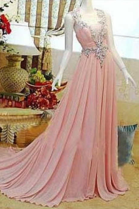Sexy Crystal Prom Dresses, Long Chiffon Party Dresses, Pleat Beaded Formal Party Dresses