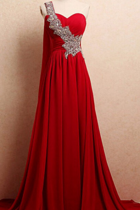 One Shoulder Long Red Chiffon Prom Dresses Crystals Women Party Dresses