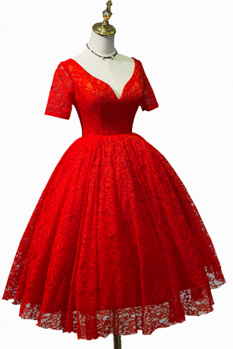 Charming Lace Red Vintage Style Teen Length Party Gowns, Red Lace Formal Gowns, Lace Party Dresses
