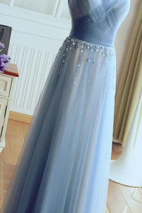 V-neck Long Tulle Prom Dresses Pleat Crystals Women Party Dresses