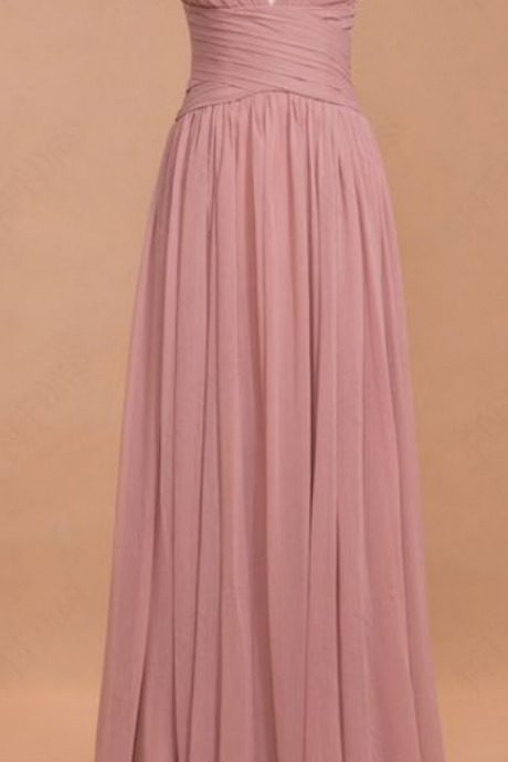 Pink Ruched Chiffon Plunge V Sleeveless Floor Length A-line Prom Dress