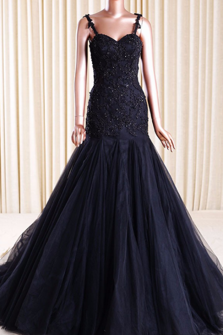 Black Mermaid Tulle Prom Dresses Spaghetti Straps Lace Women Party Dresses