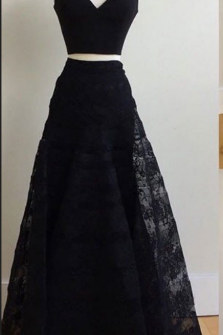 Two Pieces Long Black Lace Prom Dresses V-neck Women Party Dresses