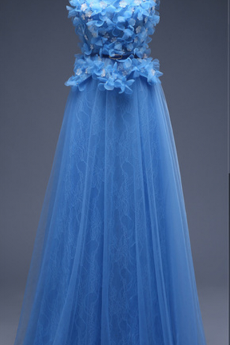 Blue Tulle Prom Dresses Flower Appliques Women Party Dresses