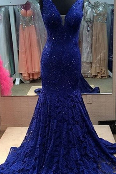 Dark Blue Lace Prom Dresses Deep V-neck Mermaid Women Party Dresses