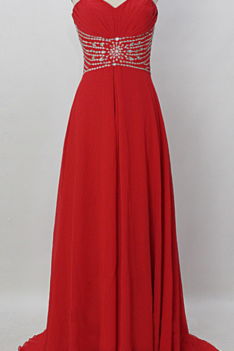 Long Red Chiffon Prom Dresses Sweetheart Crystals Floor Length Party Dresses