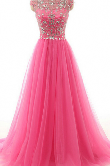 Scoop Neck Tulle Prom Dresses Crystal Floor Length Women Party Dresses