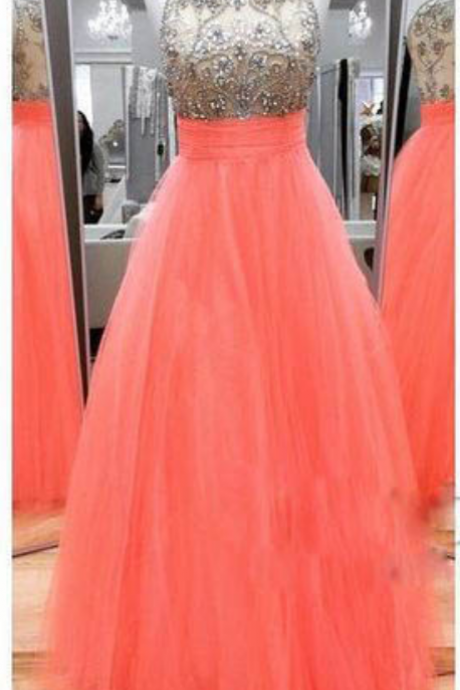Scoop Neck Long Tulle Prom Dresses Crystals Beaded Women Party Dresses