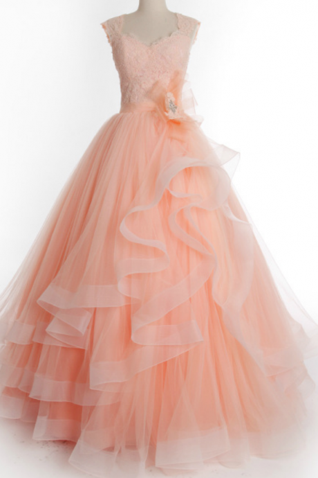 Lace-up V-neck Tulle Prom Dresses Light Orange Lace Women Party Dresses