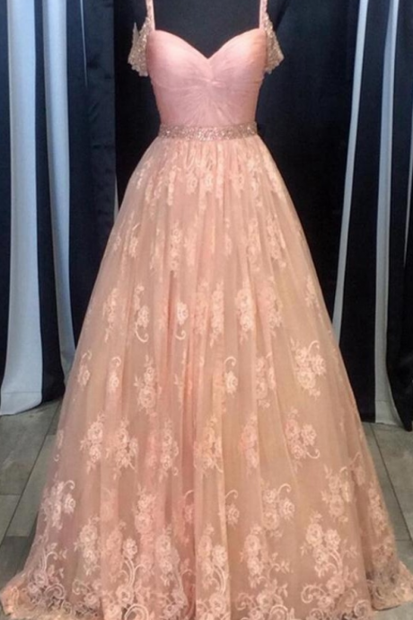 Spaghetti Straps Pink Lace Prom Dresses,girly A-line Prom Gowns,formal Evening Dresses,long Prom Dress,dresses For Teens,women Dresses