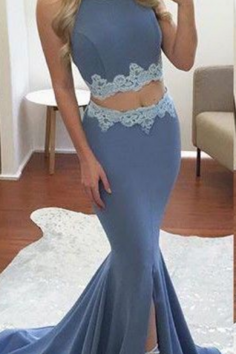 Two Pieces Prom Dresses,mermaid Prom Dresses,appliques Prom Dresses,blue Prom Dresses,open Back Prom Dresses,split Prom Dresses,party