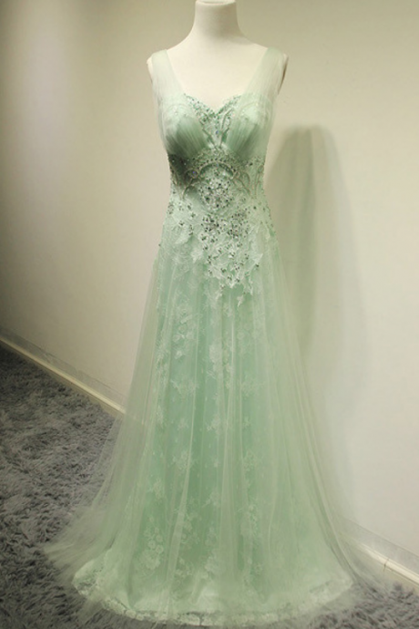 Mint Beading Lace Prom Dresses,long Party Dresses,classy Prom Gowns,handmade Evening Gowns,prom Dress